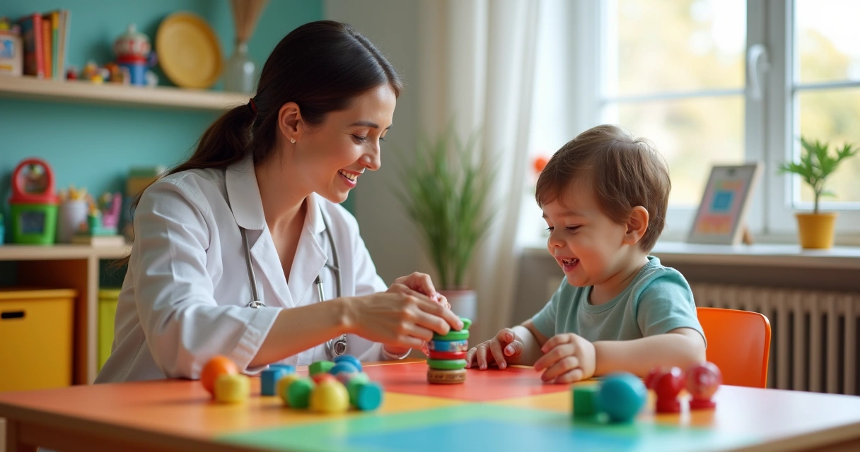 Terapeuta atende criança em consultório com brinquedos educativos 