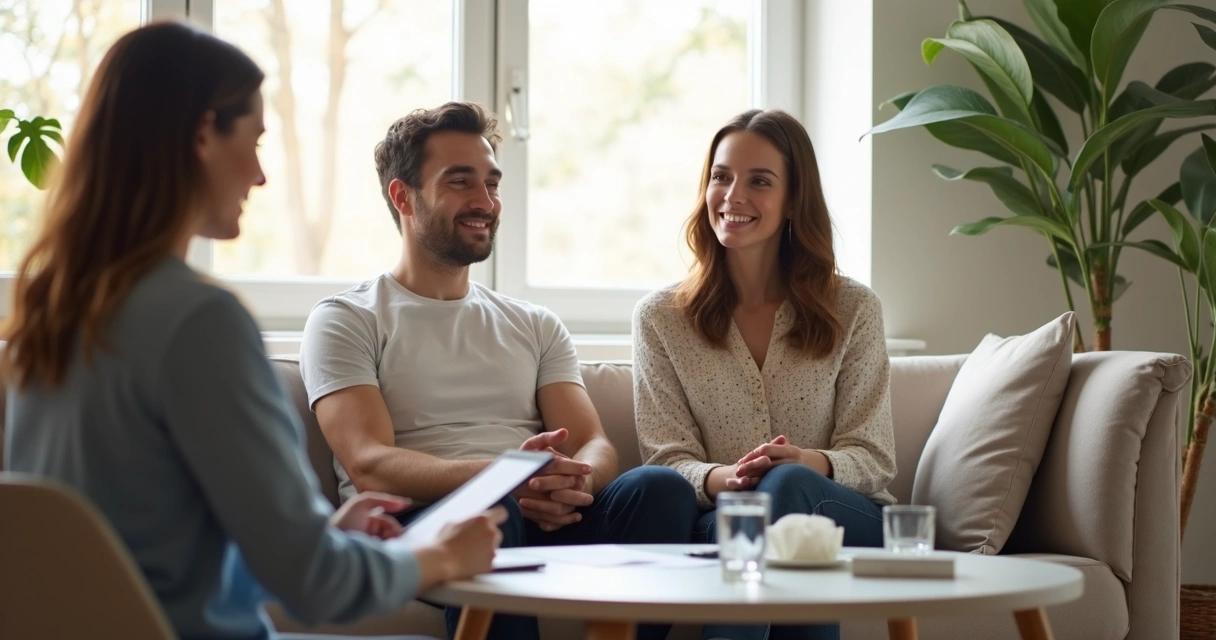 Consultório de psicoterapia com casal e terapeuta conversando