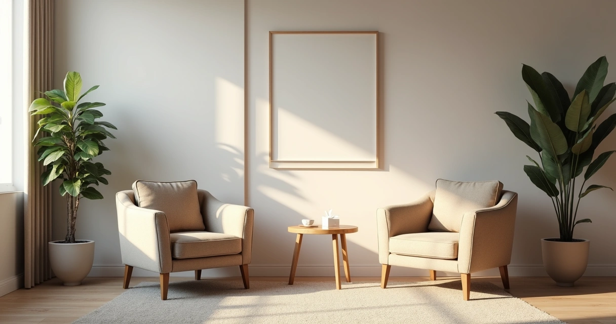 Consultório de terapia com duas poltronas e luz suave 