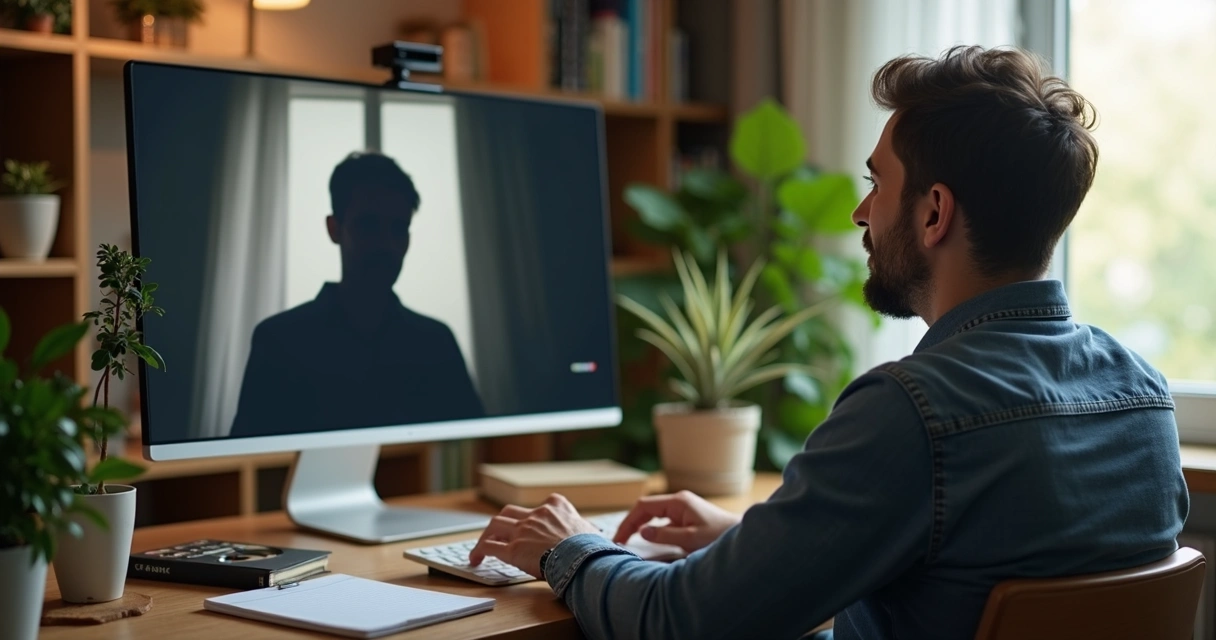 Consultório digital com computador e psicólogo sorrindo 