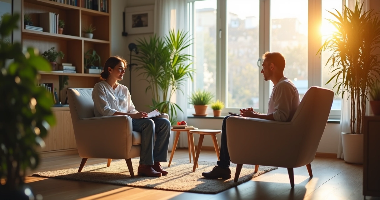 Terapeuta e paciente conversam sentados em uma sala tranquila 