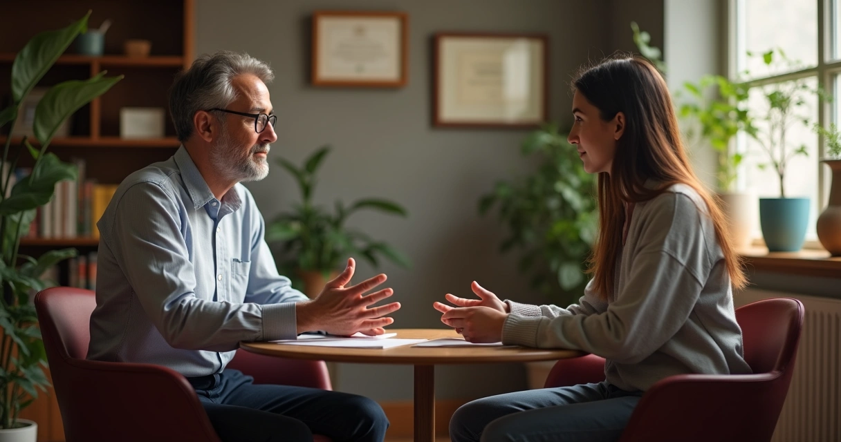 Terapeuta conversando com paciente em consultório aconchegante