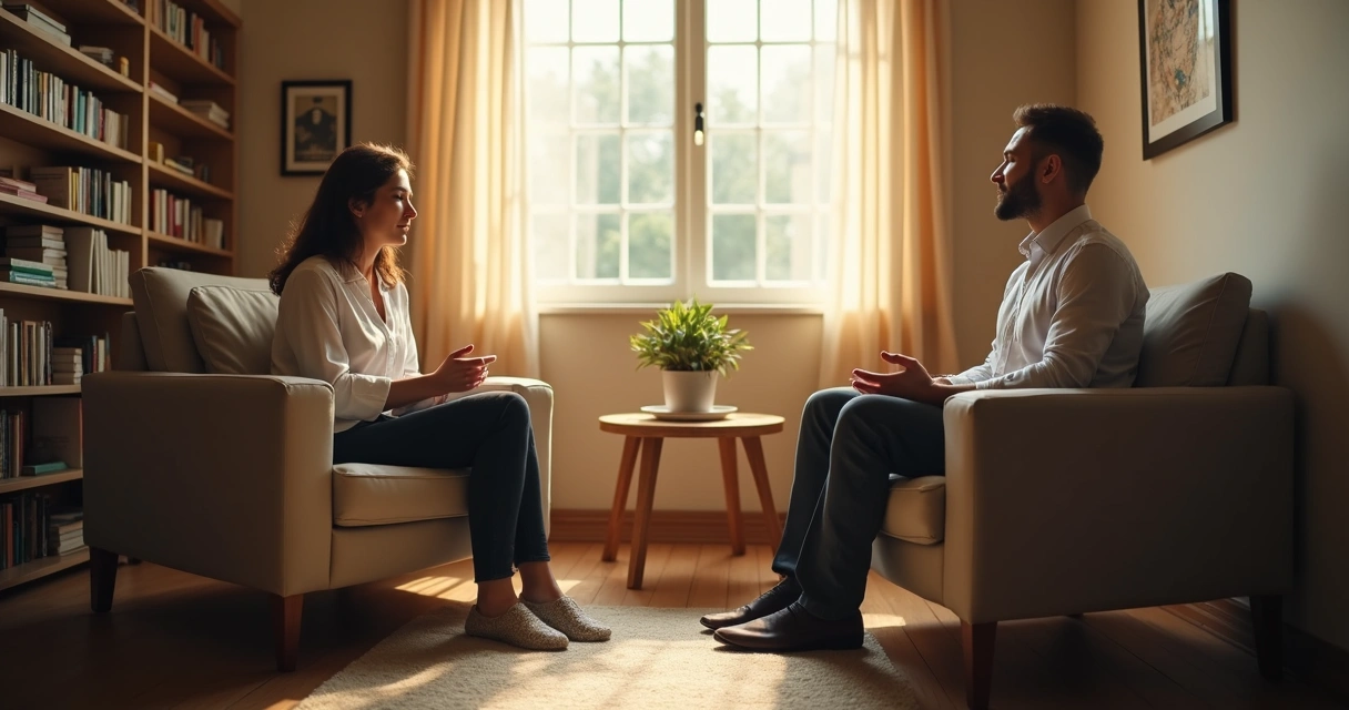 Psicóloga e paciente em consultório silencioso durante uma sessão de terapia
