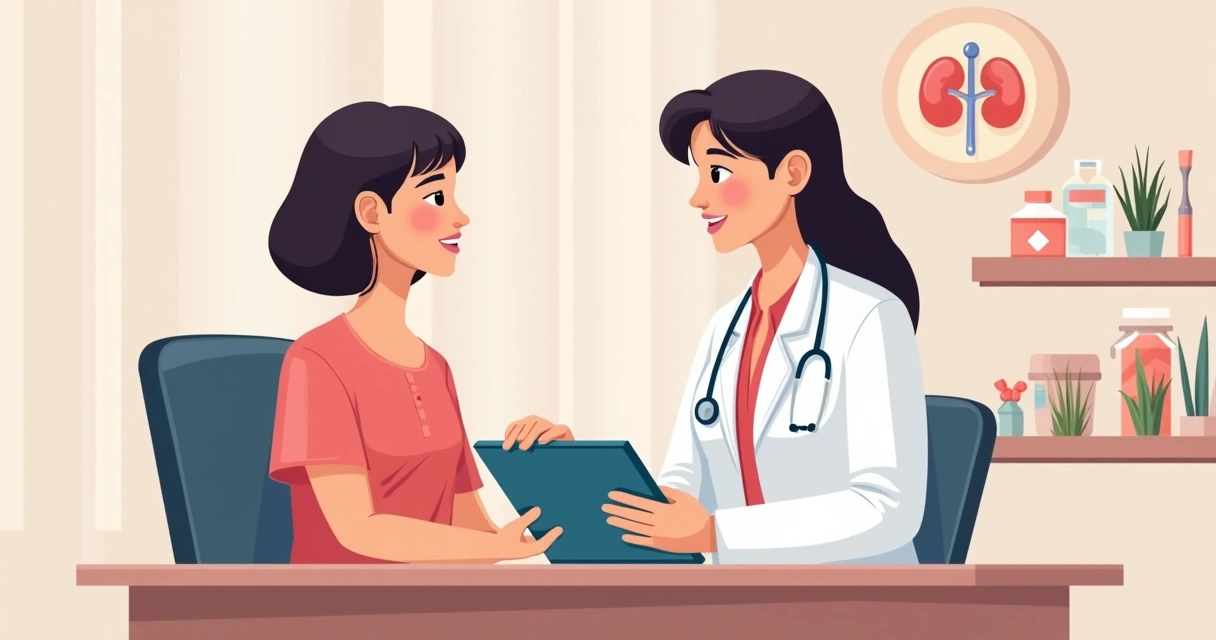 Duração atual e opções terapêuticas para pielonefrite aguda na mulher 3 Paciente mulher discutindo opções terapêuticas com médica em consultório