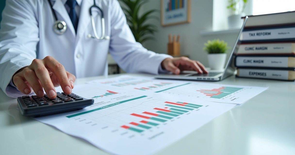 Profissional médico analisando documentos fiscais de uma clínica 