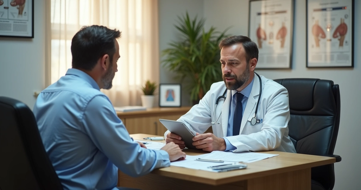 Consultório urológico com paciente e médico em conversa avaliando exames