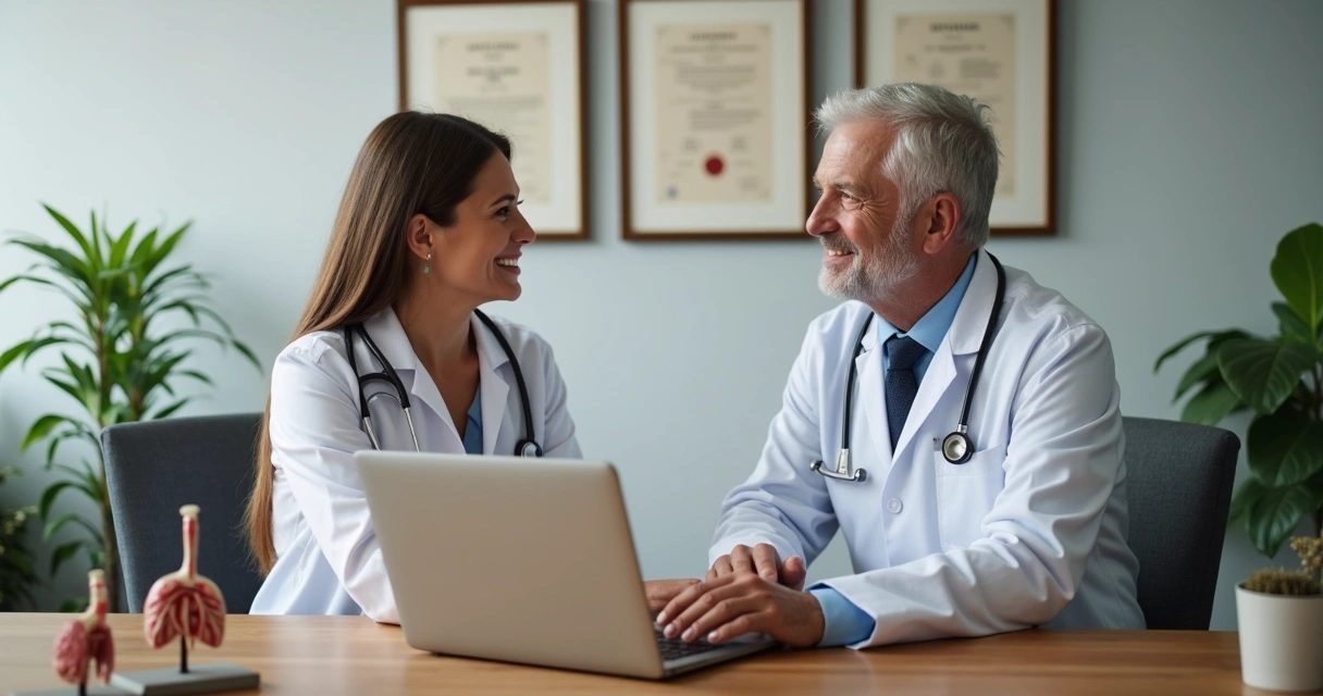Consultório de urologista com médica conversando com paciente de meia-idade 
