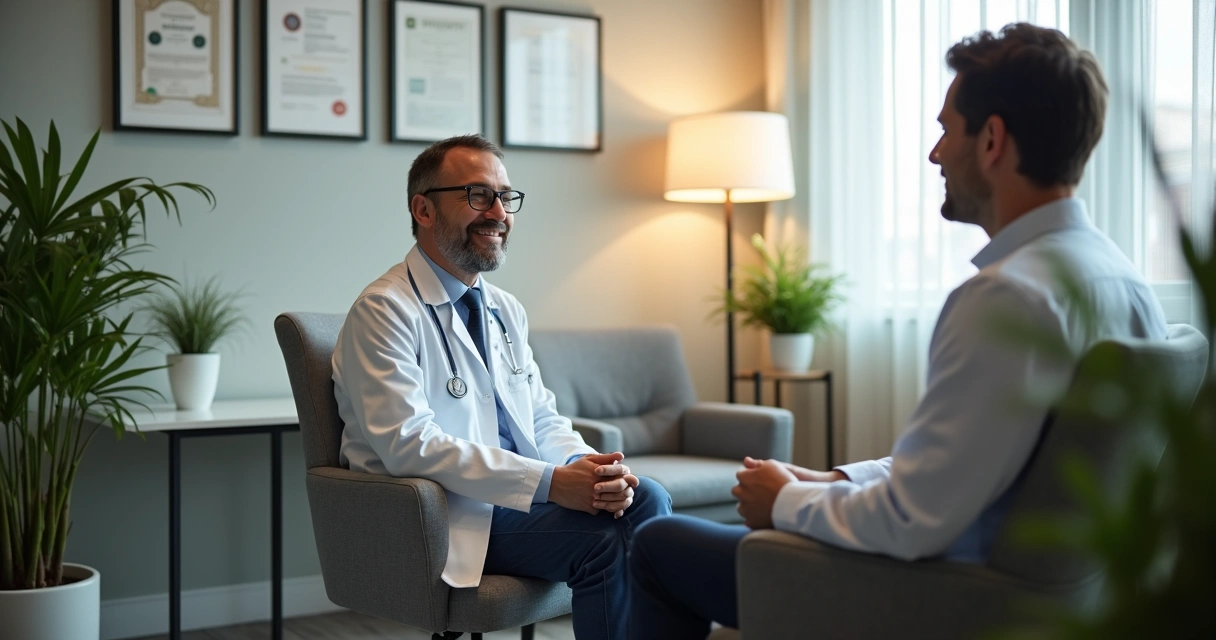 Consultório moderno de urologia, ambiente acolhedor e médico conversando com paciente