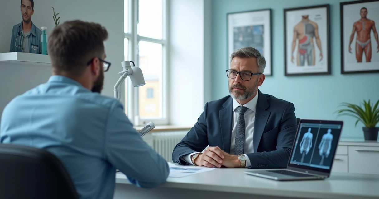 Paciente conversando com urologista em consultório