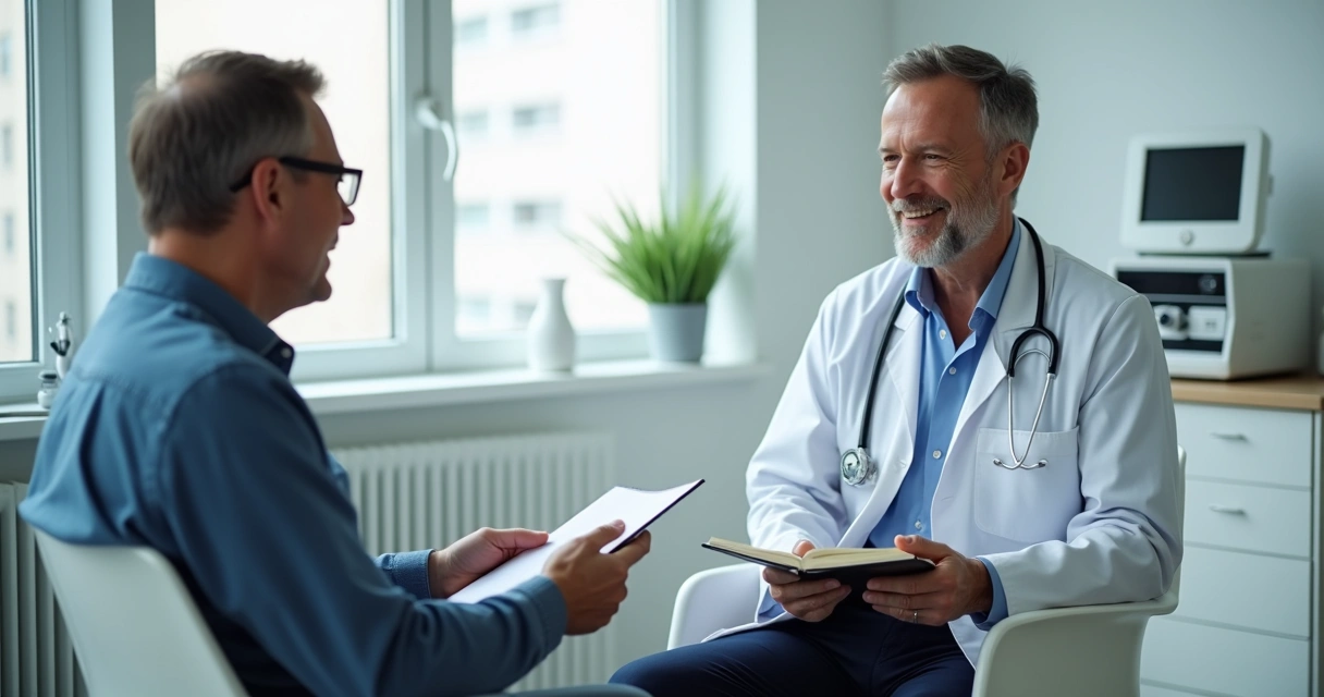 Homem conversando com médico em consultório moderno