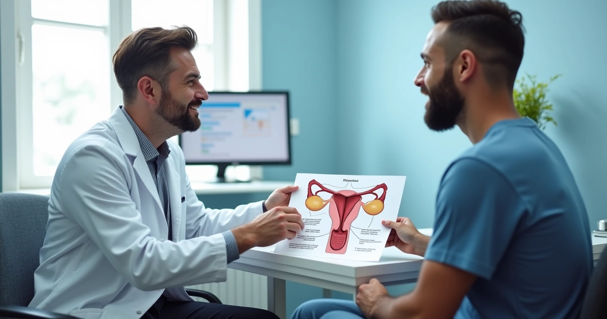 Médico urologista orientando paciente sobre preenchimento peniano 