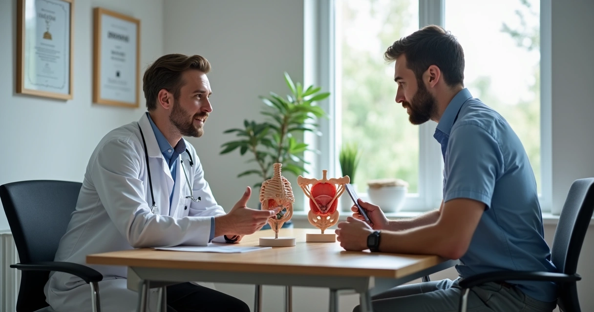 Urologista e paciente discutem tratamento no consultório. 