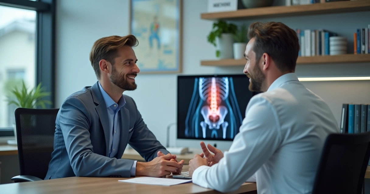Consultório urológico com médico conversando com paciente