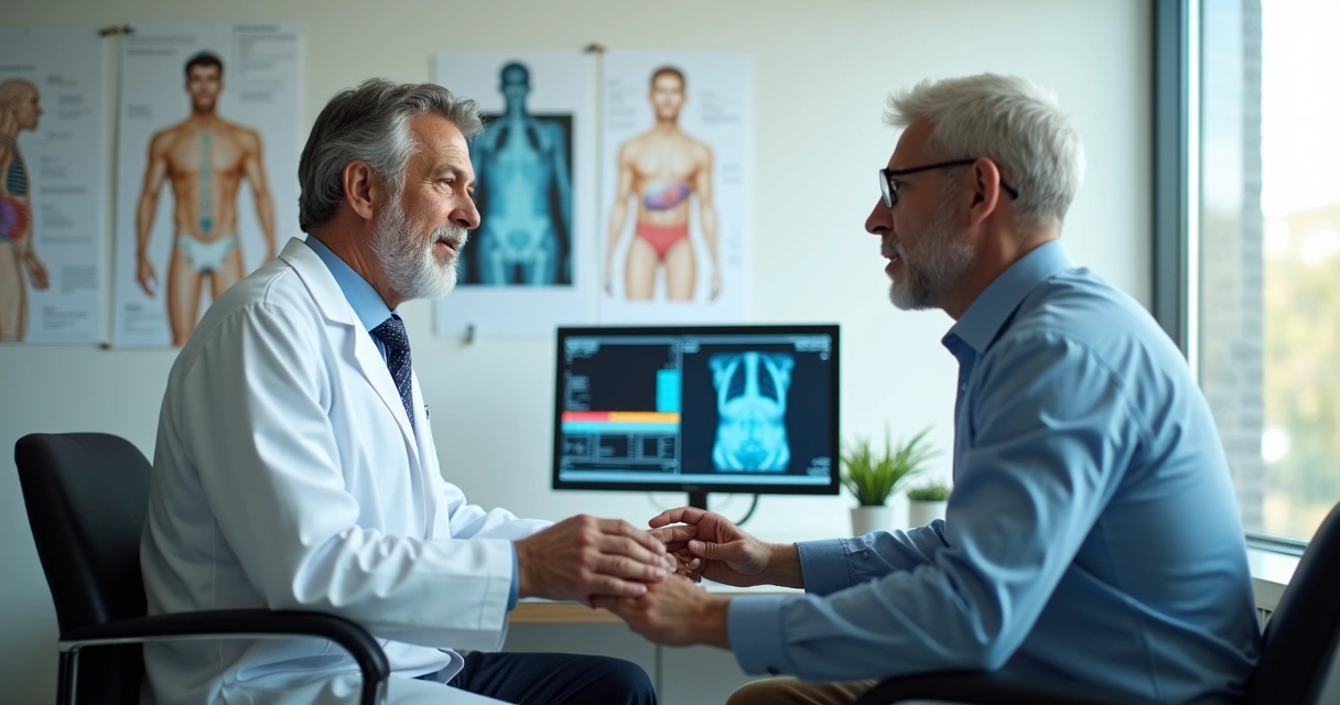 Homem sentado em consultório, conversando com urologista 