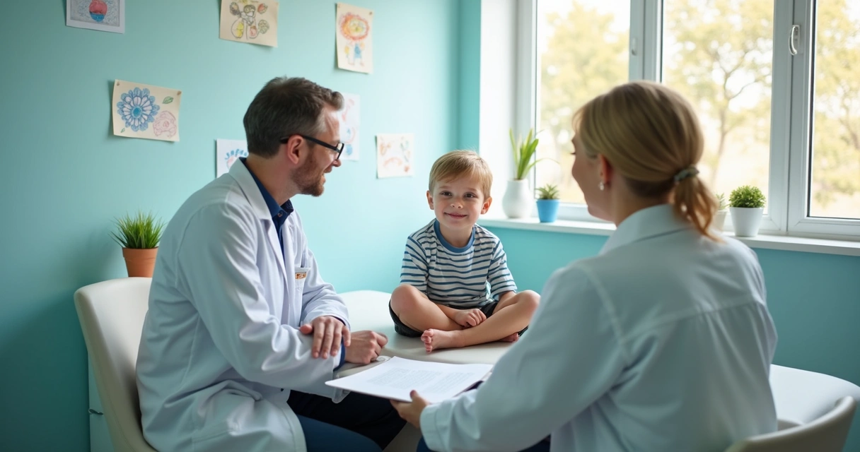 Criança e mãe em consultório de urologia pediátrica 