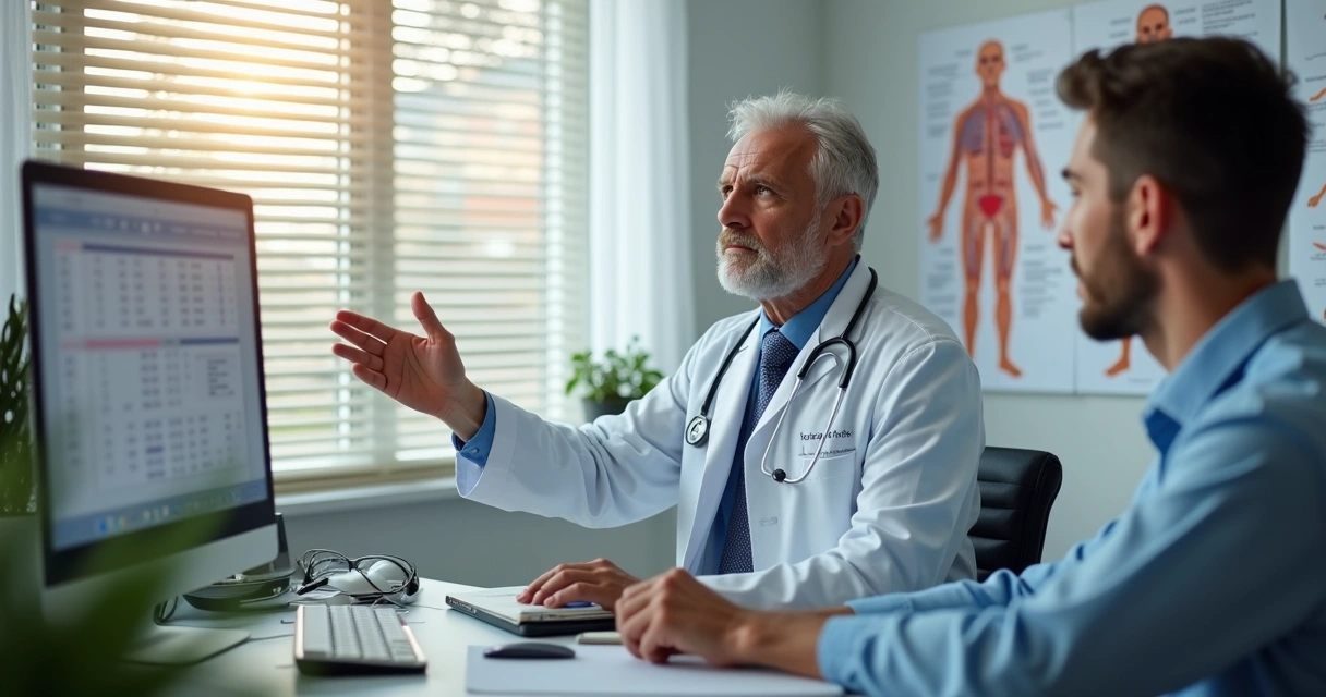 Urologista examinando paciente masculino em consultório