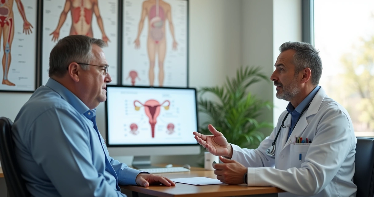 Paciente conversando com urologista em consultório moderno 