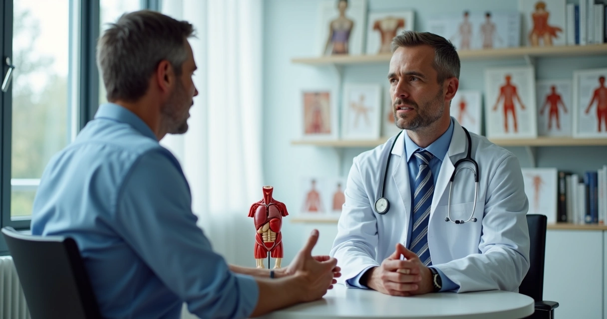 Consulta de urologista com paciente explicando riscos