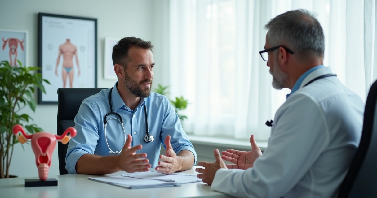 Homem conversando com urologista em consultório moderno. 
