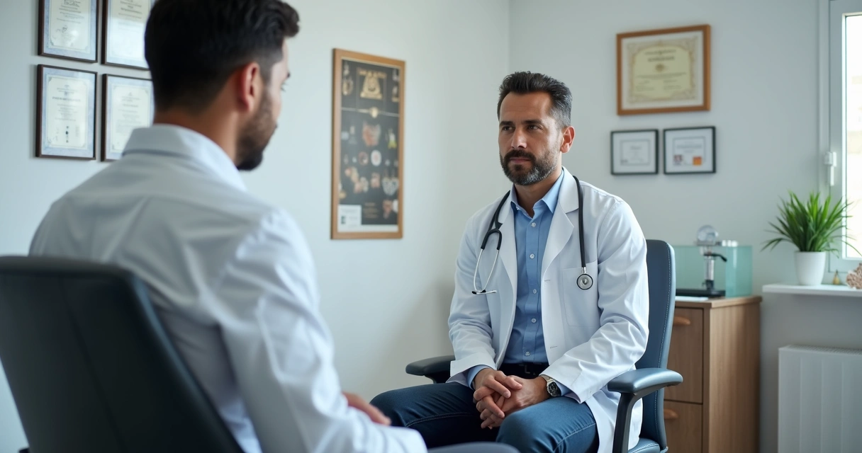 Ambiente de consultório moderno de urologia em Vitória, com médico e paciente em consulta. 