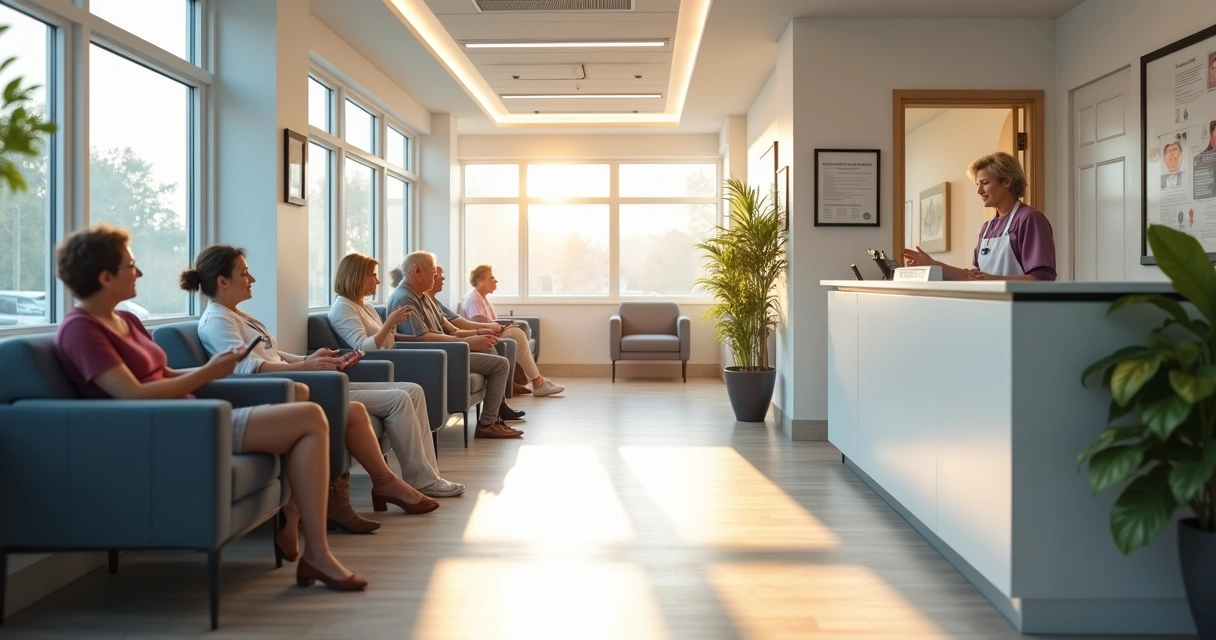 Sala de espera de clínica vascular com pacientes aguardando 