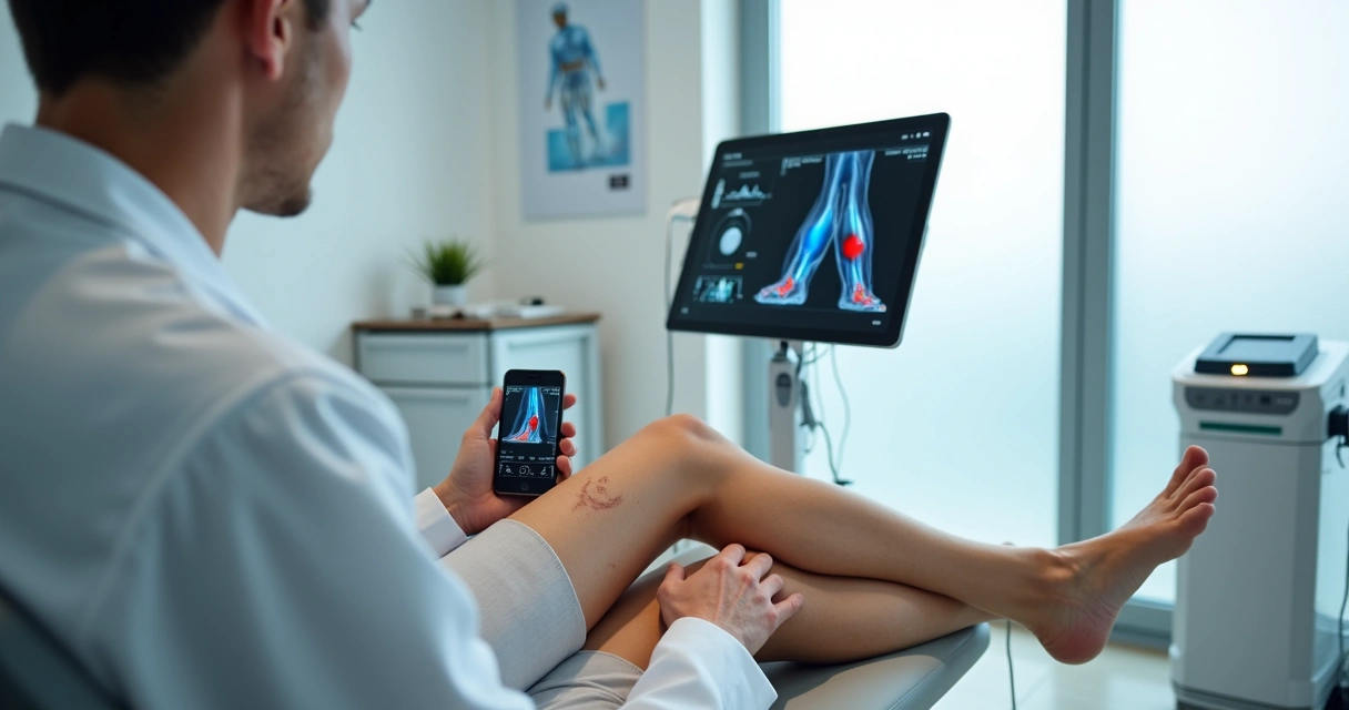 Perna com vasinhos sendo examinada por médico vascular com ultrassom portátil 