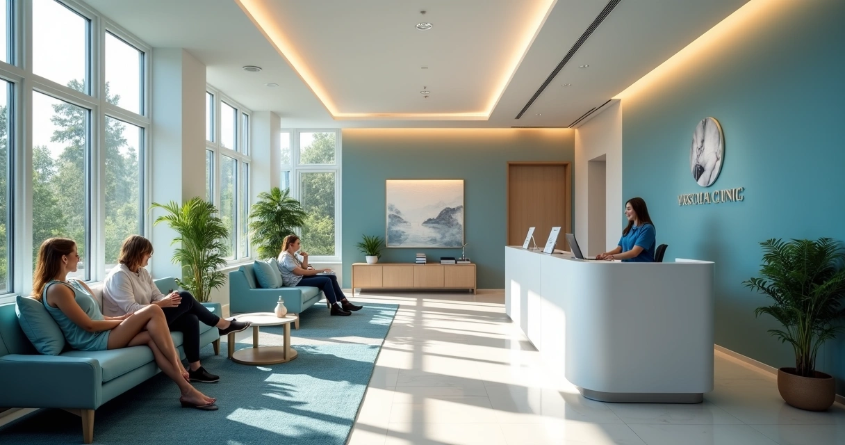 Recepção de clínica vascular com ambiente moderno e acolhedor 