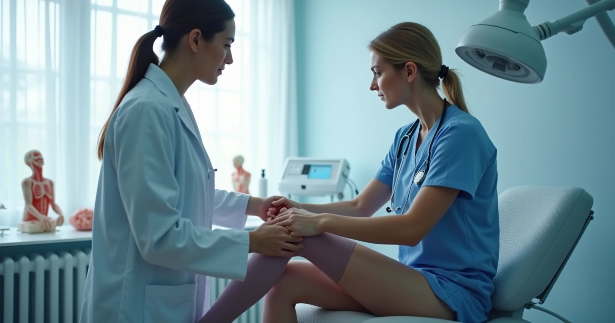 Médico auxiliando paciente na colocação de meia compressiva após tratamento vascular 