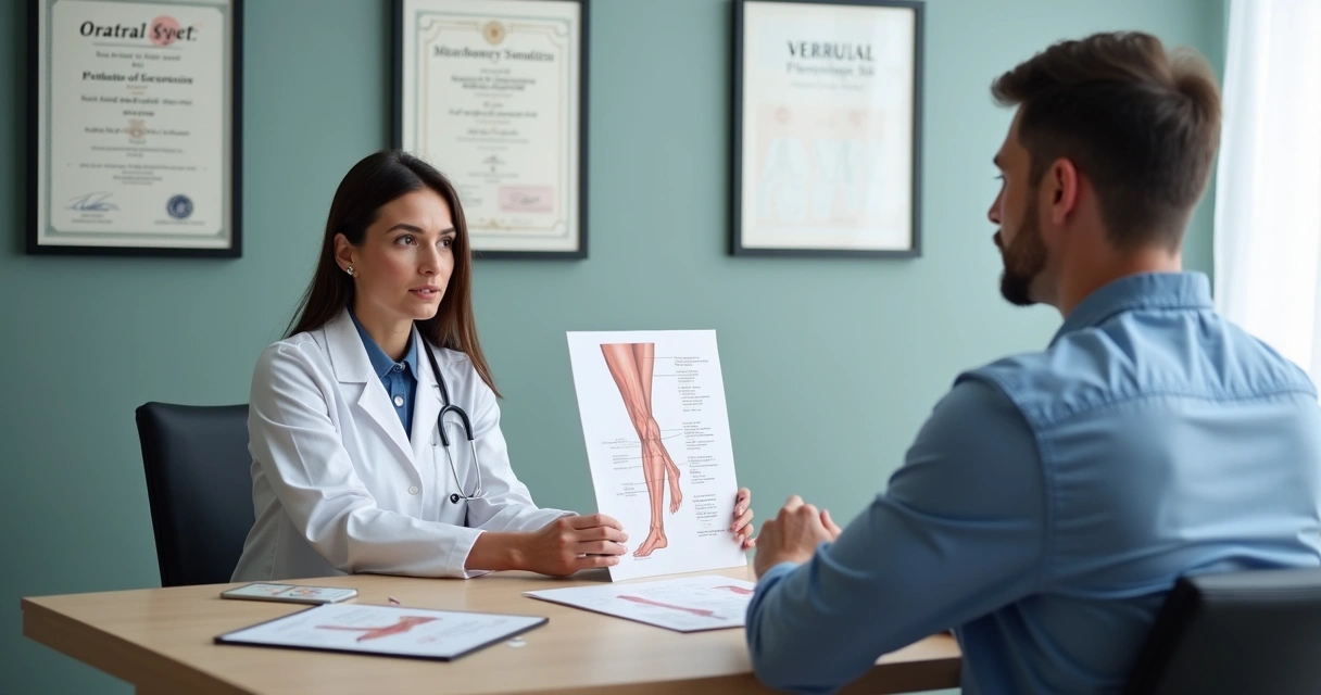 Médica vascular conversando com paciente em consultório moderno 