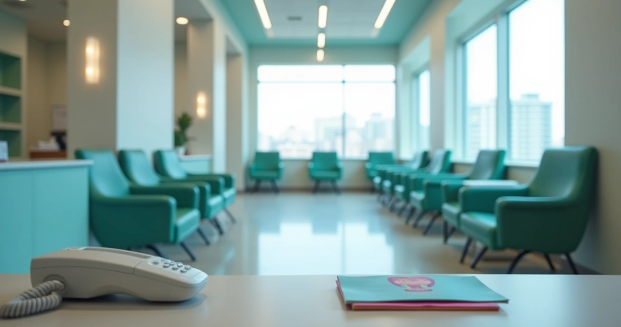Sala de espera de consultório odontológico vazia, telefone tocando ao fundo 