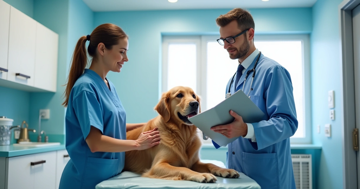 Veterinário atendendo cachorro em clínica, cliente pessoa física e gerente empresa 