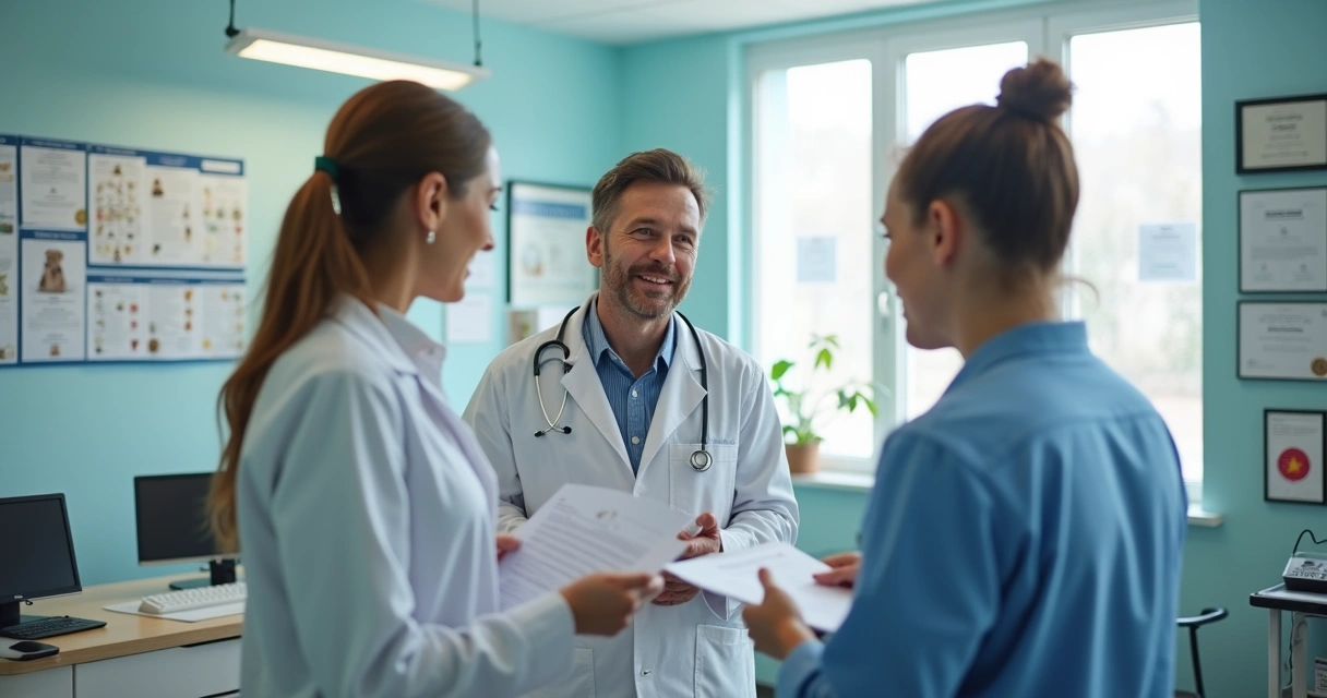 Consultório veterinário moderno com contador atendendo cliente 