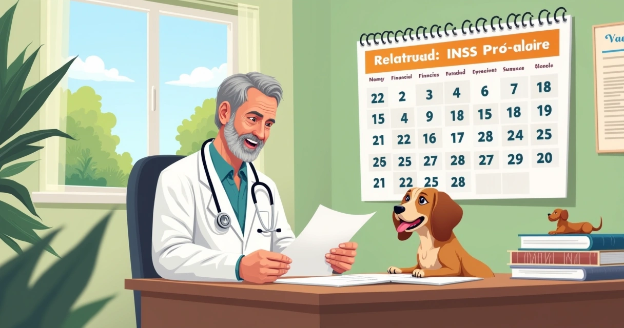 Ilustração de um consultório veterinário com um veterinário revisando documentos financeiros e um cachorro.