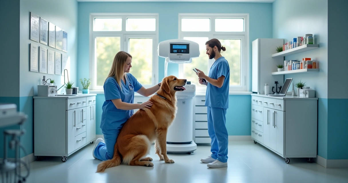 Consultório veterinário moderno com equipamentos de diagnóstico de última geração. 