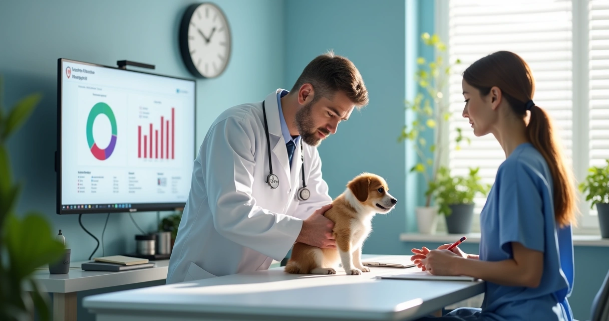 Veterinário em consultório digital com animal de estimação