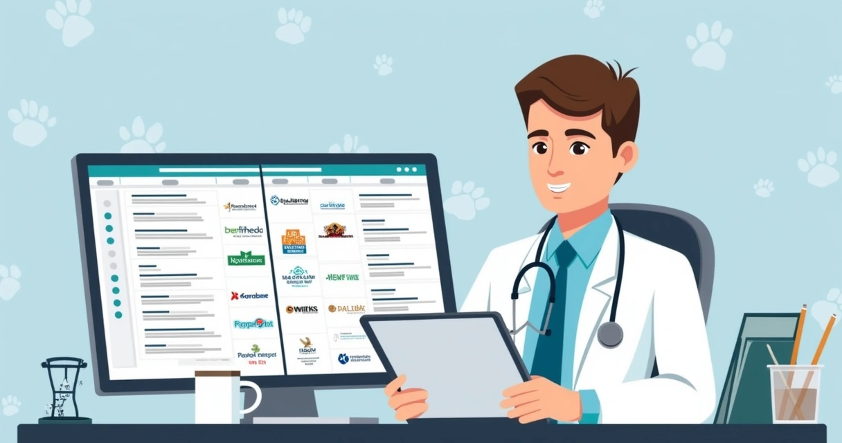 Veterinário olhando agenda digital com tela de site e aplicativos 