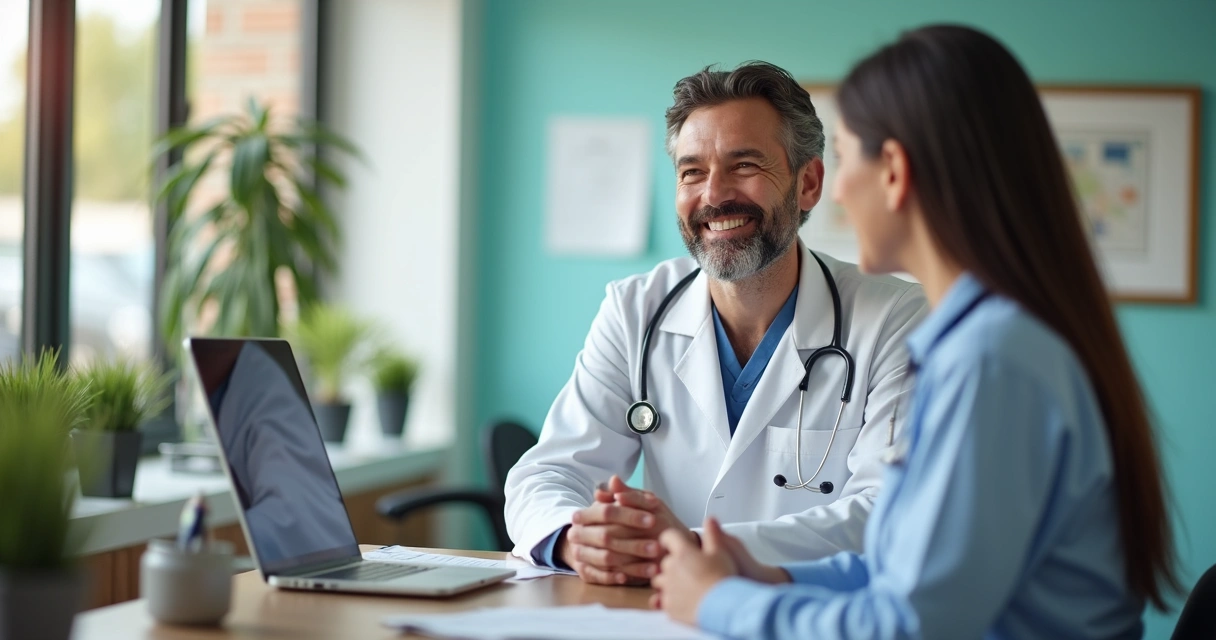Recepção de consultório veterinário com computador e documentos 