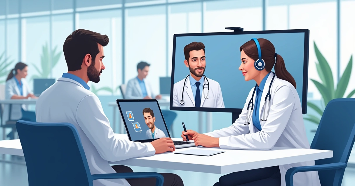 Profissional de saúde atendendo colaborador remoto por videochamada, ambiente de escritório. 