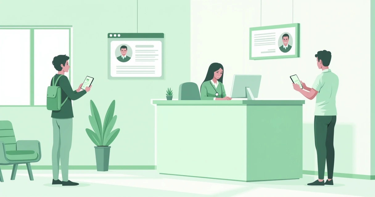 Recepcionista em clínica usando WhatsApp no computador 