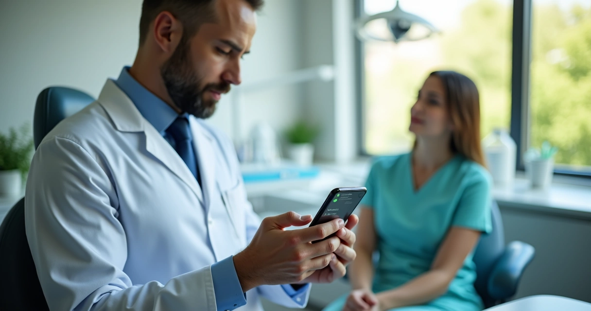 Dentista em consultório odontológico analisando leads no celular com WhatsApp, paciente ao fundo 