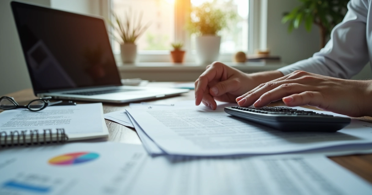Person analyzing multiple bills and documents at a tidy home desk with a calculator and laptop 