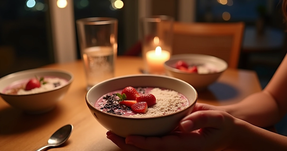Pessoa segurando bowl de açaí à noite com acompanhamentos 