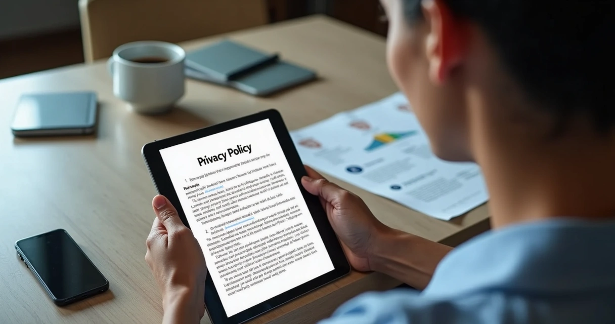 Pessoa analisando termos de privacidade em um tablet 