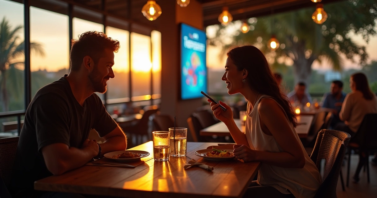 Casal conversa em restaurante com anúncio OOH visível ao fundo 