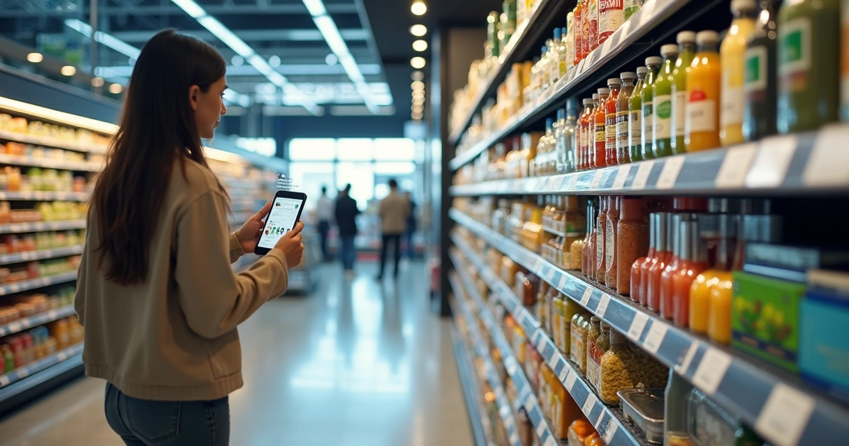 Pessoa analisando prateleira digital com escolhas de consumo conscientes 