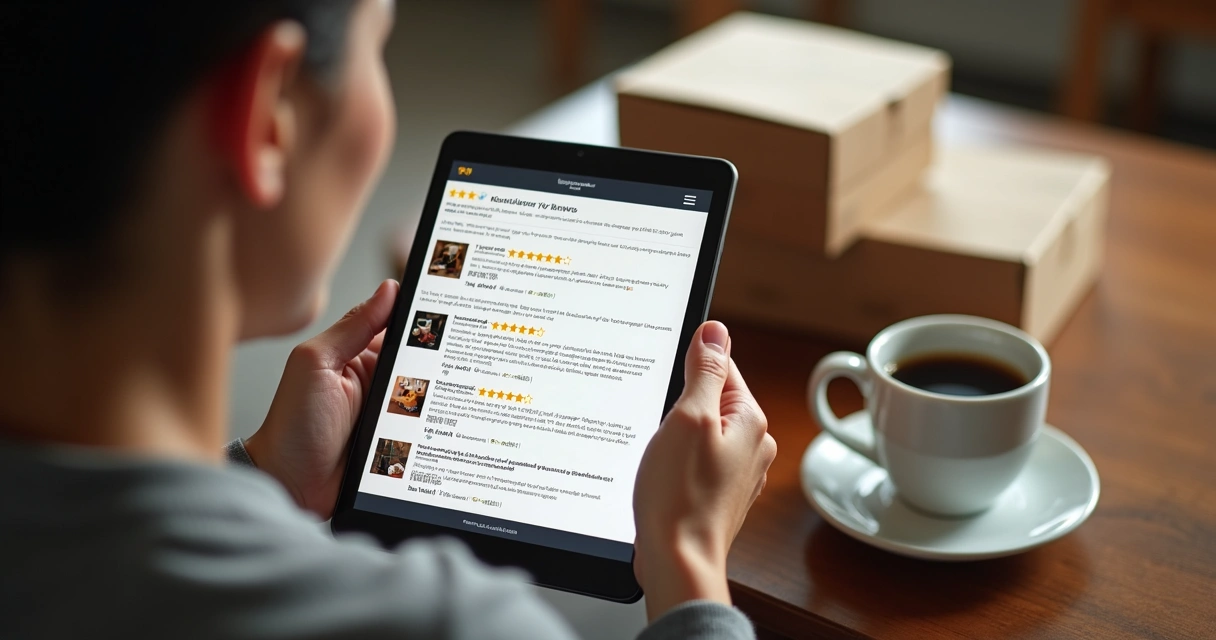 Consumidor lendo análise de produtos em marketplace digital 