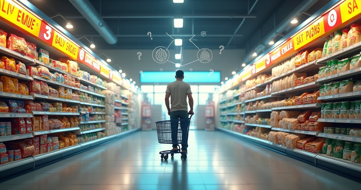 Consumidor caminhando por corredor de supermercado dividido entre promoções e escolhas conscientes 
