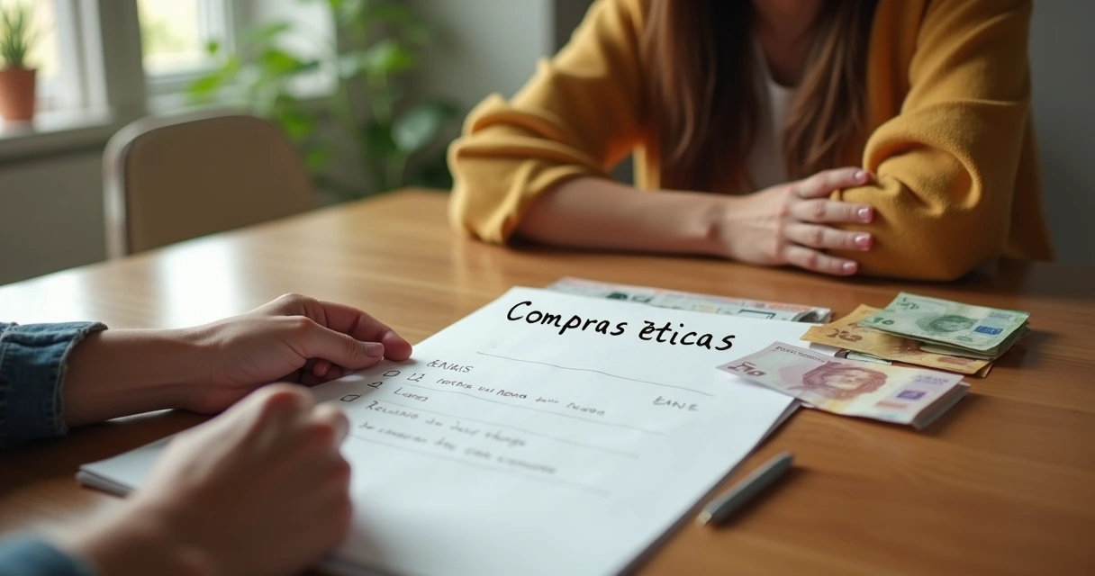 Pessoa consultando lista de compras éticas e notas de dinheiro sobre a mesa. 