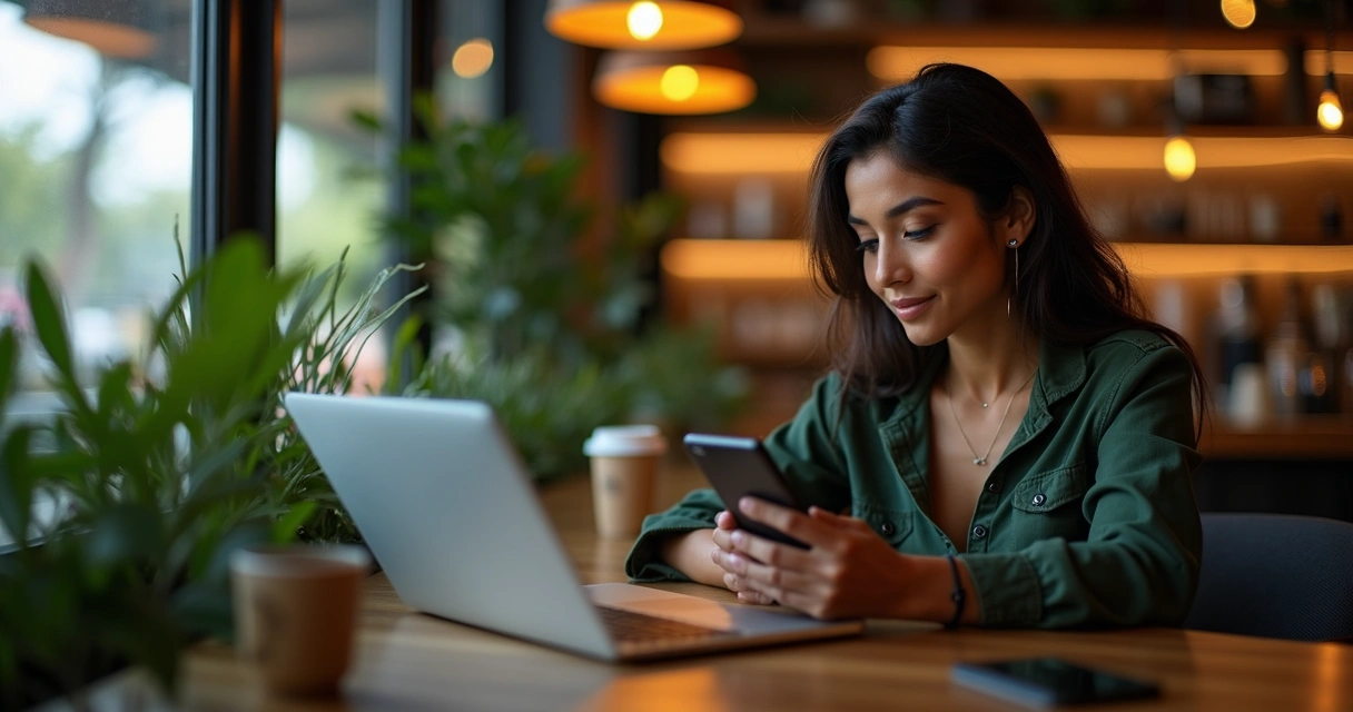 Mulher comprando pelo celular com interface de ecommerce na tela 