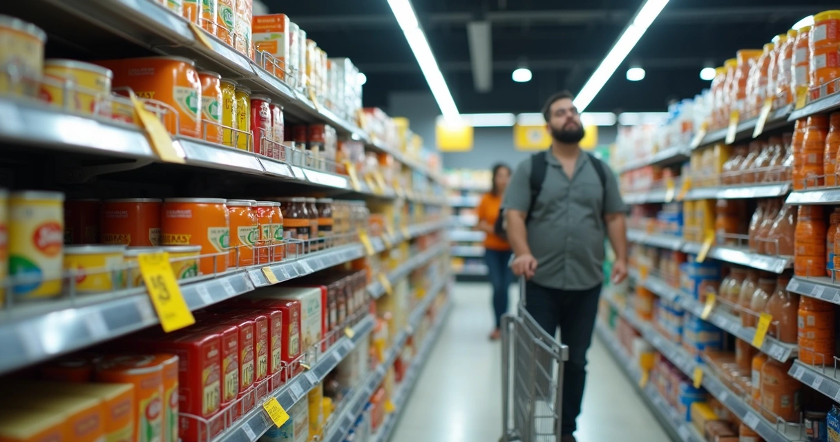 Consumidor comparando preços em gôndola de supermercado 